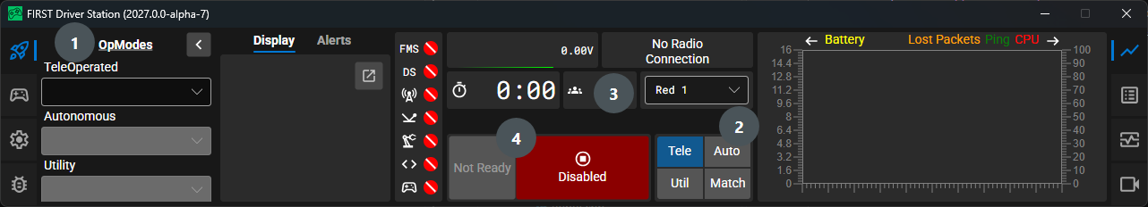 The FIRST Driver Station app, showing OpModes, the enable and disable buttons, and battery and connection graphs
