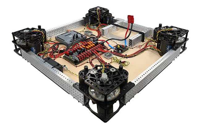 A square swerve drive chassis with a module at each corner and the electronics on a board in the middle