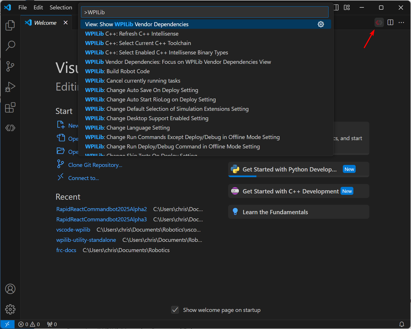 Visual Studio Code with the WPILib command menu open